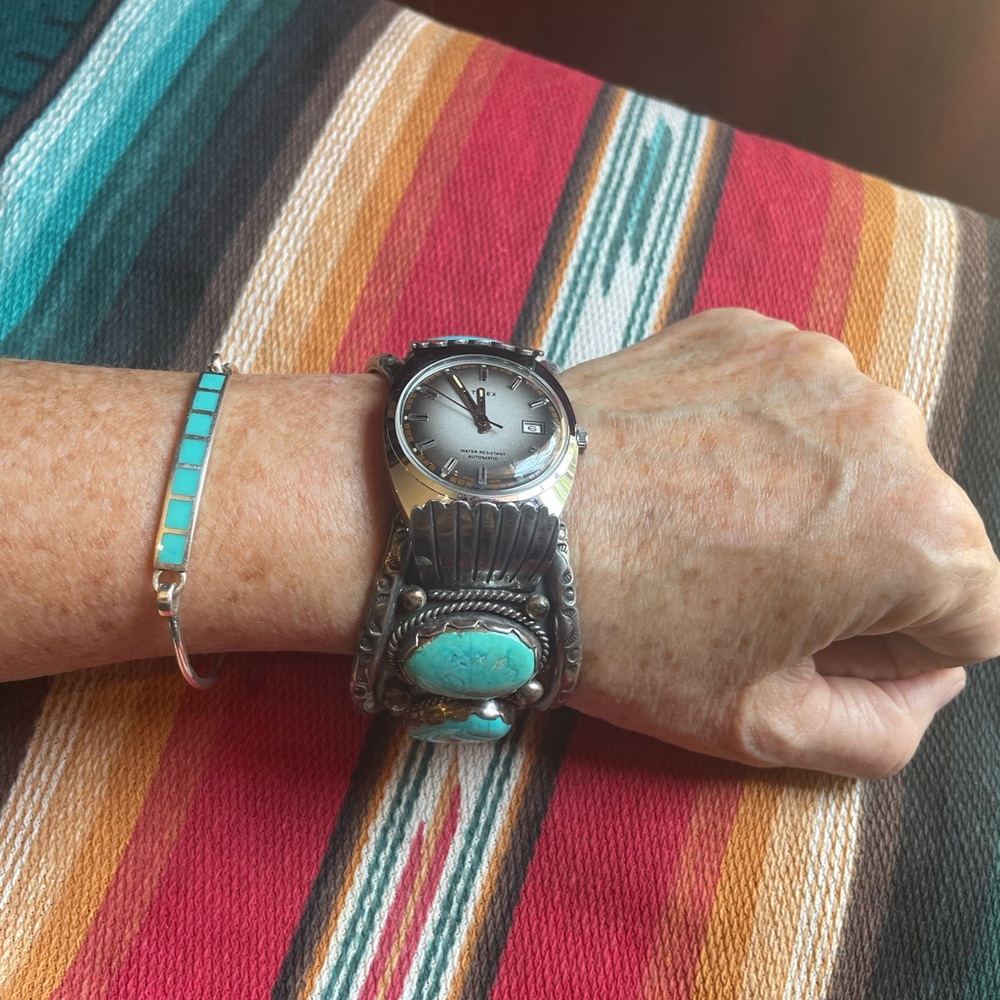 Genuine Turquoise and Sterling Silver Large watch cuff bracelet